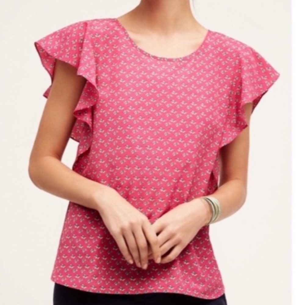 Anthro Meadow Rue Size Small Magenta Origami Crane Ruffle Sleeve Blouse